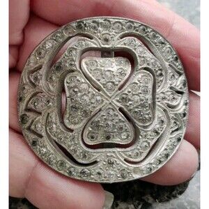 VTG Four Leaf Clover Rhinestone Belt Buckle Slide Pendant Scarf 2"